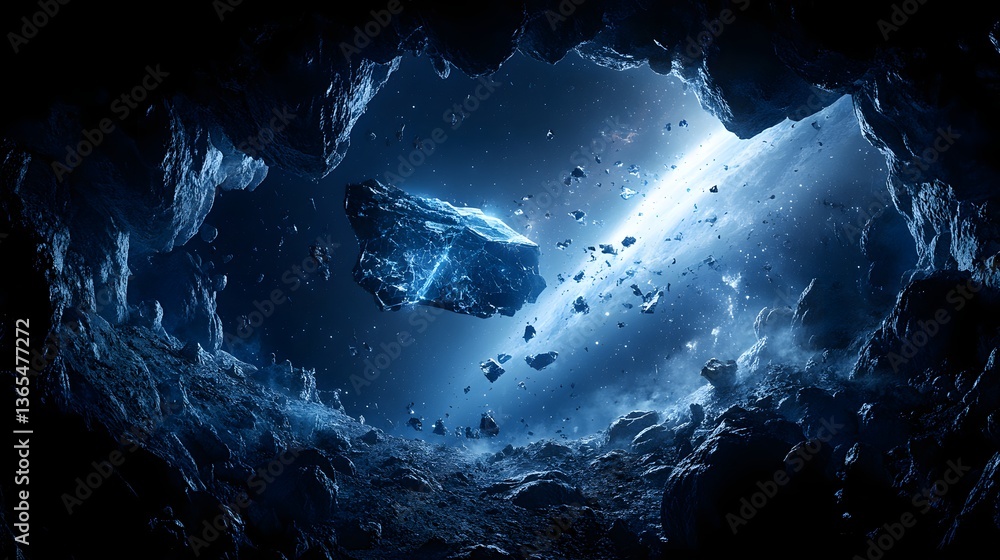 Aufkleber a futuristic space station suspended in the sky with fractured cosmic elements in the background cre