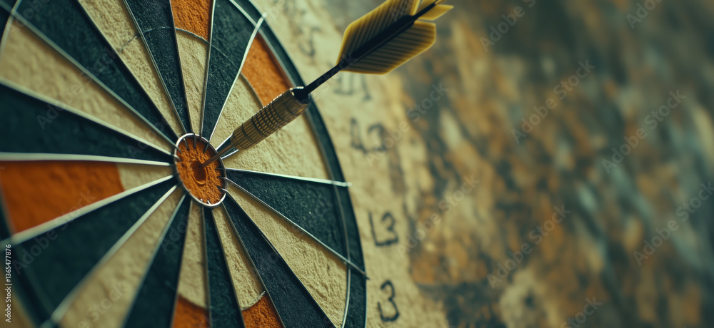 Poster dartboard with dart hitting bullseye, close-up view of target, precision and focus in darts game, co