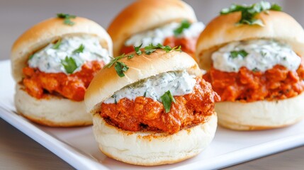 Four delicious sliders topped with a creamy sauce and fresh herbs, perfect for a tasty snack or meal.
