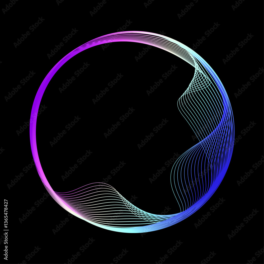 Leinwandbilder Neon iridescent blend line circle frame flowing in round curve shape. Digital technology concept wavy dynamic lines isolated on black background with c copy space. Vector illustration 