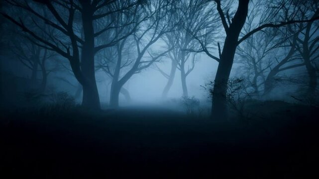  forrest with moving fog piercing moon beams pass through the branches.  dramatic. cinematic