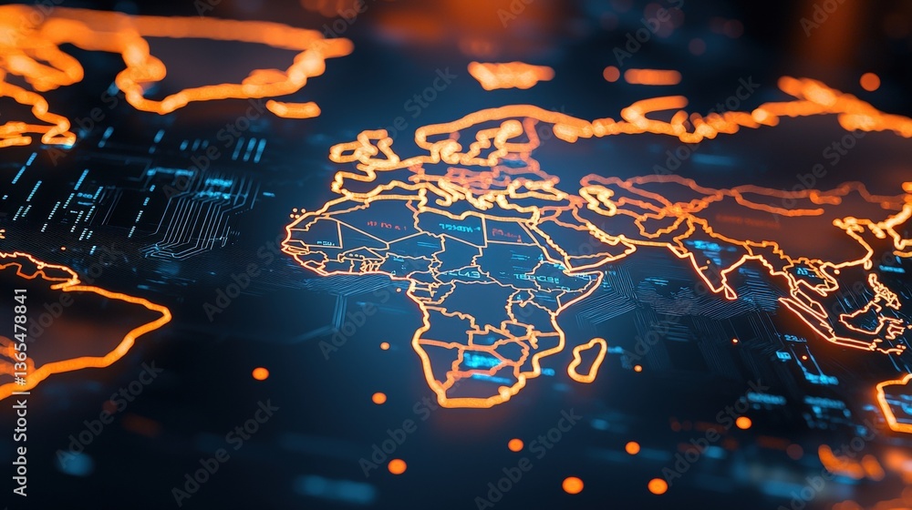 Poster a digitally rendered map of africa and europe, illuminated with neon lines showcasing geographical f