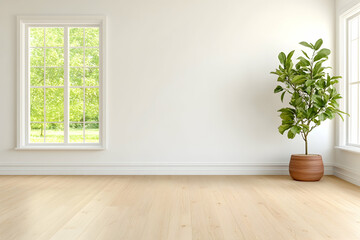 Bright, empty room with hardwood floor, large window, and potted plant