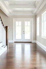 Bright entryway with hardwood floors, white doors, and staircase