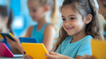 Smiling children using colorful tablets in a modern classroom. Educational technology, digital learning, and interactive education concept.