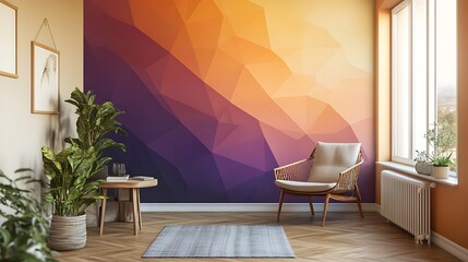 Cozy room with geometric wall art.