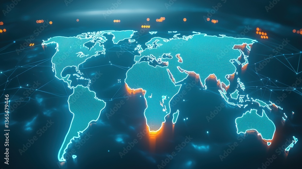 Poster a digital world map illuminated with neon blue lines and glowing edges, representing global connecti