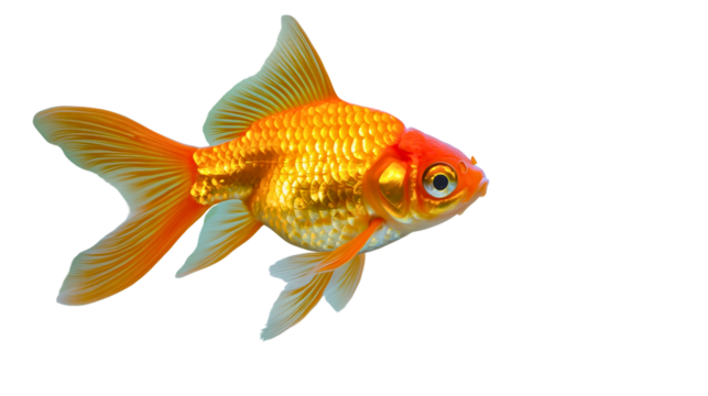 A small, beautiful golden fish swimming. A classic-looking goldfish with large eyes and an attractive appearance, a cute little aquarium creature.