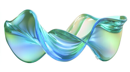 abstract liquid glass clear ribbon wave line isolated on transparent background render. Water fluid flow curve shape with holographic green blue gradient texture, dispersion light