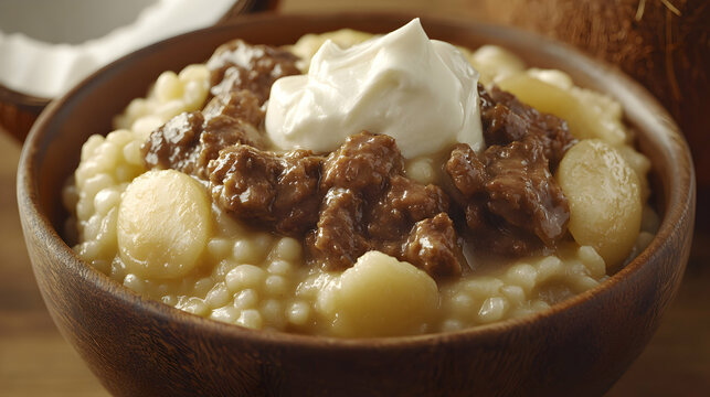 Exotic Papua New Guinean Saksak Dish with Cream and Meat in a Bowl Close Up