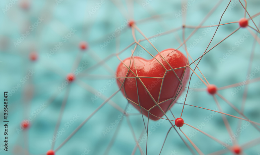 Poster heart symbol encapsulated in a network of interconnected lines and nodes, representing love, connect