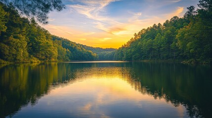 Serene sunset over a forest-lined lake with vibrant reflections