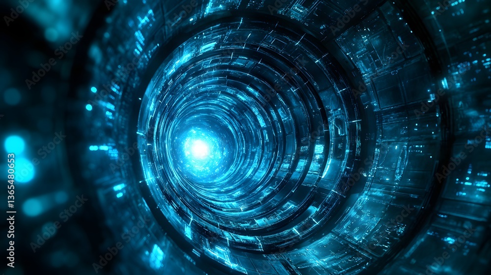 Poster blue tunnel in a futuristic vision of time representing the mysterious pathways through space and co