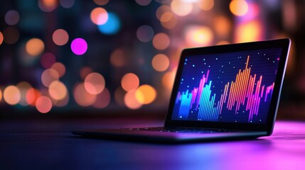 A glowing laptop displays colorful soundwave graphics against a backdrop of vibrant bokeh lights, creating a dynamic and modern atmosphere.