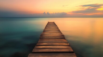 Obraz premium Serene sunset over tranquil wooden pier extending into calm sea horizon