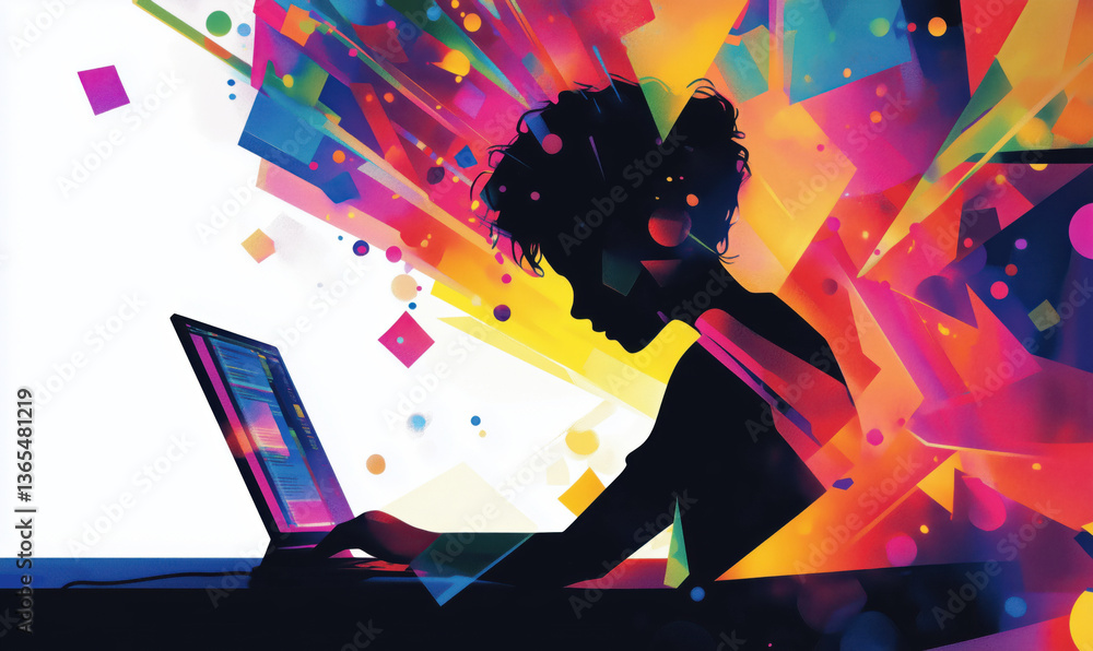 Poster creative digital art depicting silhouette of person working on laptop with vibrant colorful explosio