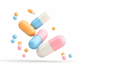 Colorful capsules and small pills levitate against a white background