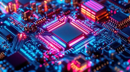 Obraz premium CloseUp of a Colorful Circuit Board with Neon Lights