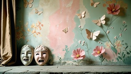 Sad and happy theater masks sit under painted flowers with flying butterflies