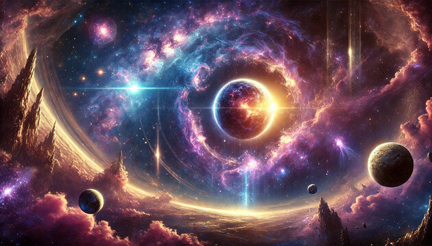 Space and univers background , has big moon in the middle of image.