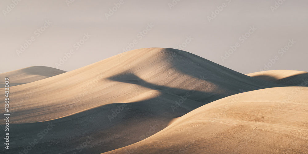 Poster beige sand dunes under soft sunlight, creating a serene and minimalist landscape, showcasing texture