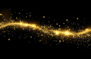 A golden stream of glittering particles flowing across a dark background with scattered star shapes
