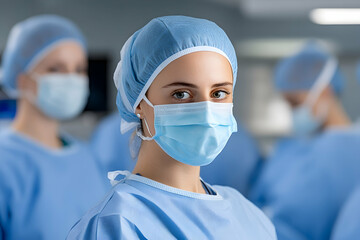 Confident female surgeon in scrubs and mask, colleagues blurred in background