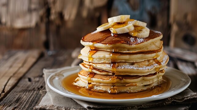 Classic American Syrup Pancakes: Fluffy Stack Drizzled with Golden Maple Syrup and Melting Butter