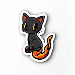 Obraz premium Adorable Black Cat with Fiery Tail - Cute Cartoon Sticker Design