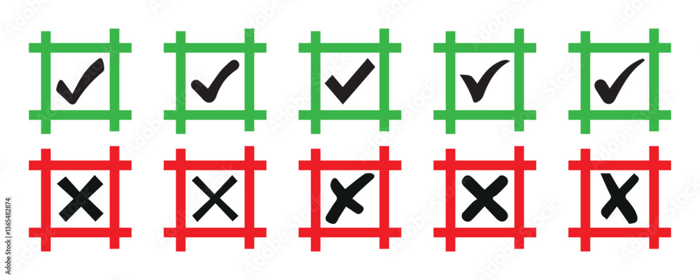 Poster simple checkmark in a box set with different line. correct, approved symbol. green and red check box