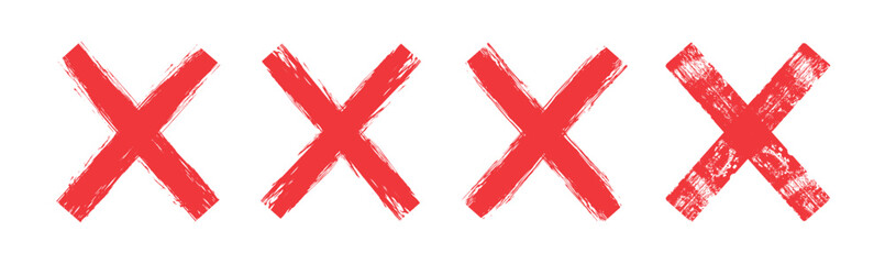 Obraz premium Grunge red cross wrong symbol, red cross, x, reject, cancel cross mark icon vector set, no sign. vector illustration.