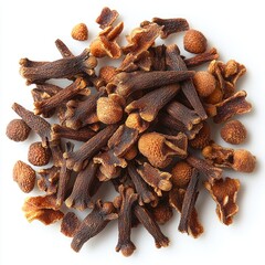Dried cloves and spice buds scattered against a white background