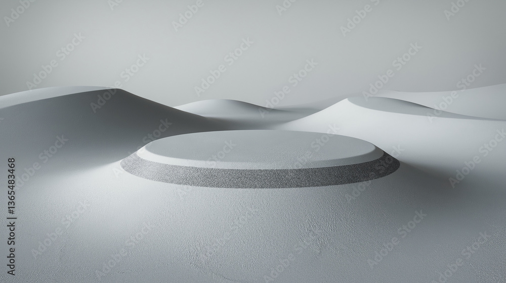 Poster White textured podium on undulating white landscape, creating minimalist, clean product display scene Mockup for presentation, showcase or banner