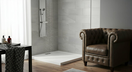 Modern Minimalist Shower Room With Brown Leather Armchair