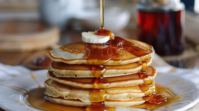 Classic American Syrup Pancakes: Fluffy Stack Drizzled with Golden Maple Syrup and Melting Butter