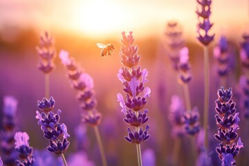 Obraz premium Sunset over lavender field with honeybee amidst blossoms