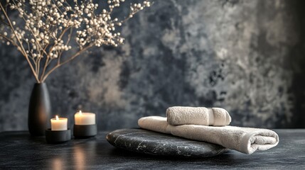 Elegant spa scene displaying towels candles and floral elements