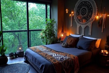 A cozy Bohemian bedroom, featuring macrame wall hangings, woven rugs, and fairy lights