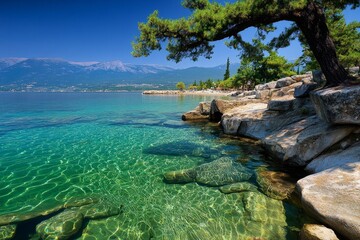 Obraz premium A crystal-clear underwater view of Thassosâ€™ coastline, showing marine life swimming among submerged ancient ruins