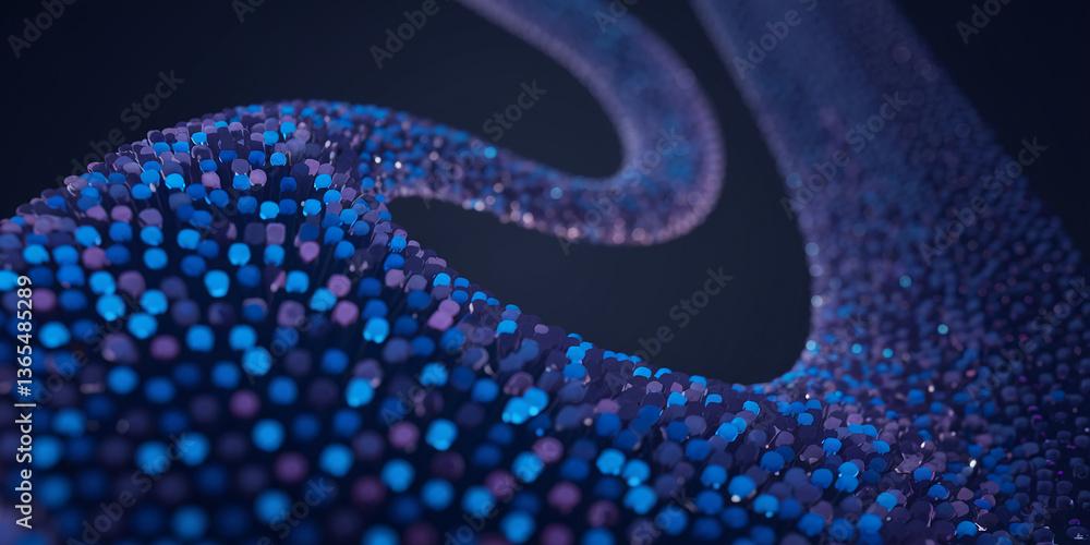 Poster abstract image of a flowing, textured form composed of numerous small, blue and purple elements. rep
