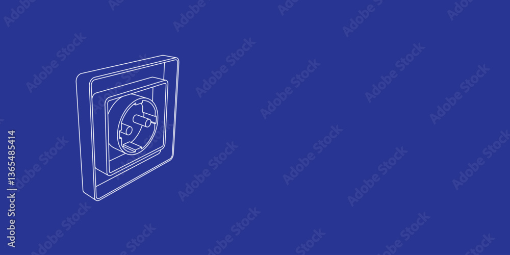Poster the outline of a large power socket symbol made of white lines on the left. 3d view of the object in