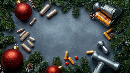 Top view of sports nutrition supplements, dumbbells, and a Christmas ornament surrounded by fir tree branches on a gray background, with ample copy space for a festive fitness theme promoting a health
