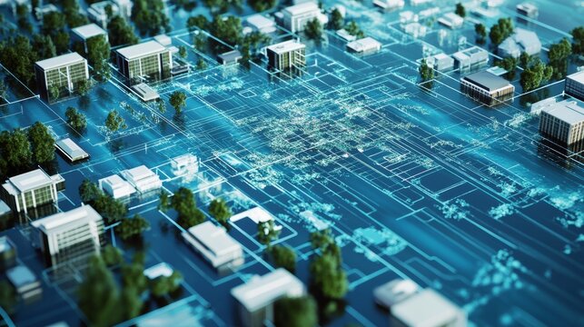 An AI powered natural disaster simulation system, predicting potential flood zones and planning evacuation strategies in a city, Environmental tech style