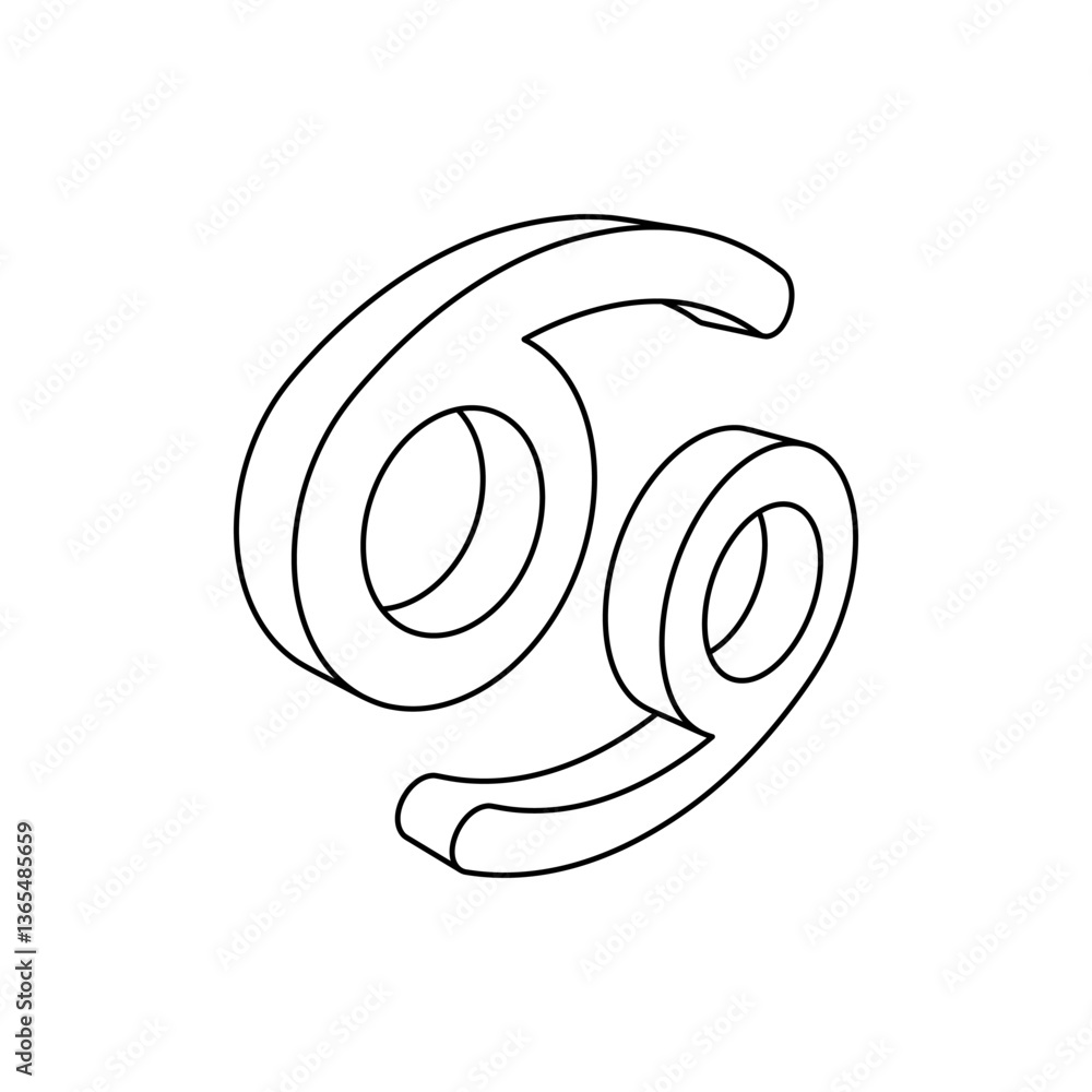 Poster the outline of a large cancer zodiac symbol is made with black lines. 3d view of the object in persp