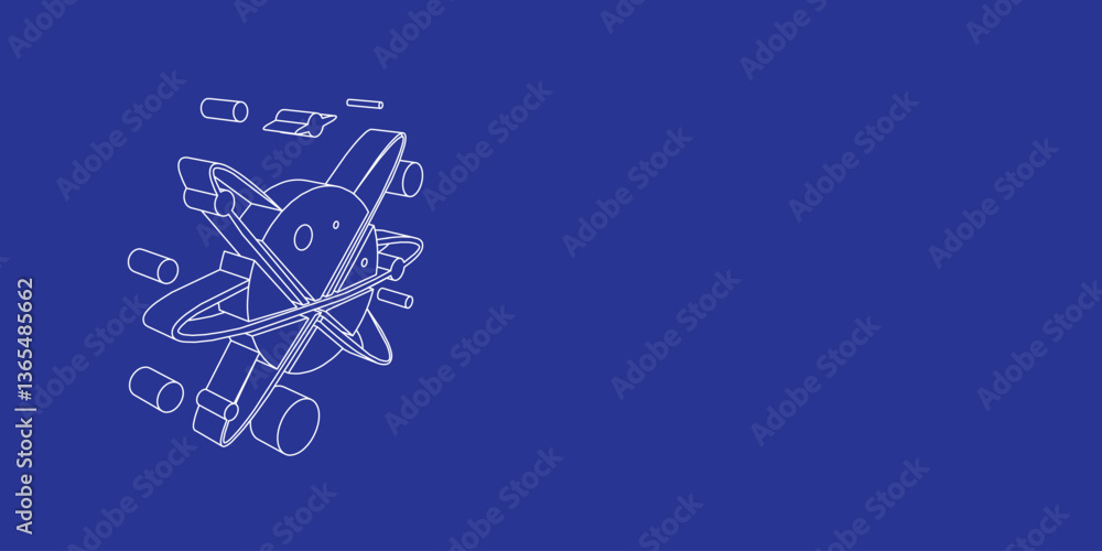 Poster the outline of a large cosmic symbol made of white lines on the left. 3d view of the object in persp