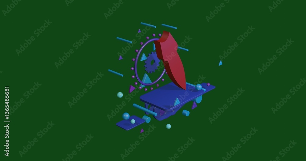 Poster red falling rocket symbol on a pedestal of abstract geometric shapes floating in the air. abstract c