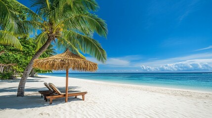 Obraz premium Tropical beach with palm trees and thatched umbrella on pristine white sand shore