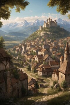 Middle ages town on a top of a hill