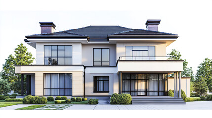 Fototapeta premium Modern two story house with large windows and lush greenery