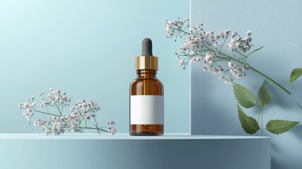 A stylish amber glass dropper bottle surrounded by delicate flowers on a light blue background, emphasizing beauty and wellness.
